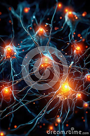 Illustration of a human nerve cell on a dark blue background with light effects. Generative AI Cartoon Illustration