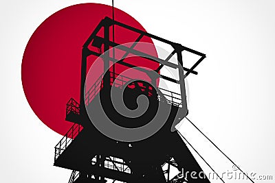 Concept Illustration With Japanese Flag in the Background And Coal Mine Ferris Wheel SIlhouette in the foreground Stock Photo