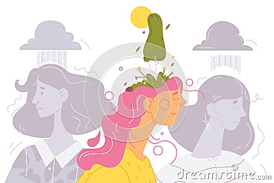 Concept illustration about mental health and problems. Happy woman with harmony in her head and sad and depressed people around. Cartoon Illustration