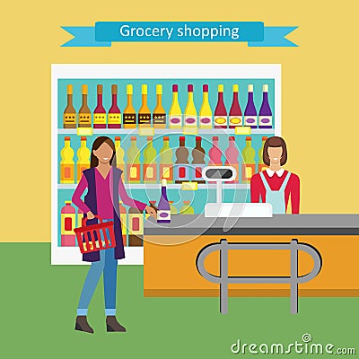 Concept illustration for shop. Vector character woman cashier Vector Illustration