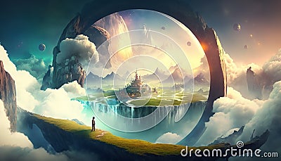 Space portal to another fantastic magical beautiful world Cartoon Illustration