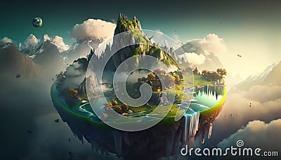 Surreal fairy-tale landscape with a floating island, waterfalls and clouds, a flying fantastic land with greenery and blue water, Cartoon Illustration