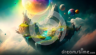 Surreal fairy-tale landscape with a floating island, waterfalls and clouds, a flying fantastic land with greenery and blue water, Cartoon Illustration