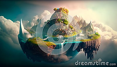 Surreal fairy-tale landscape with a floating island, waterfalls and clouds, a flying fantastic land with greenery and blue water, Cartoon Illustration