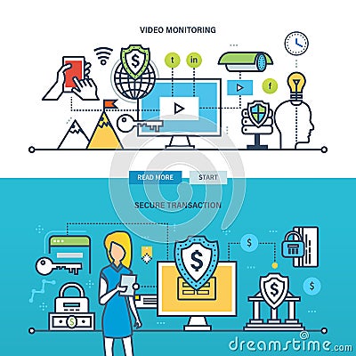 Concept illustration - technology, business, video monitoring and secure transaction. Vector Illustration