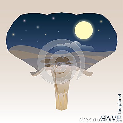 Concept illustration on the theme of protection of nature and animals with night Savannah view in silhouette of elephant head Vector Illustration