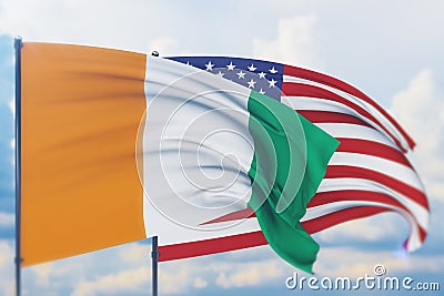 Waving American flag and flag of Cote Ivoire. Closeup view, 3D illustration. Cartoon Illustration