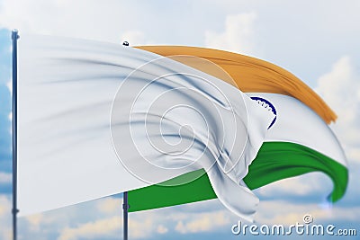 White flag on flagpole waving in the wind and flag of India. Closeup view, 3D illustration. Cartoon Illustration