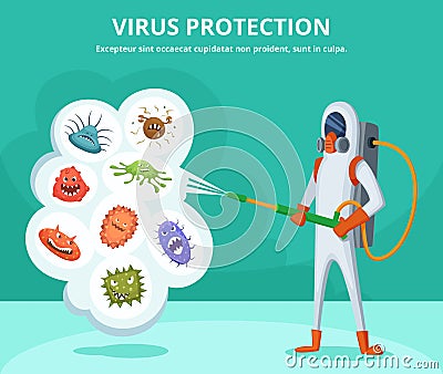 Concept illustration of viruses protection. Character in special clothing poisons microbes Vector Illustration