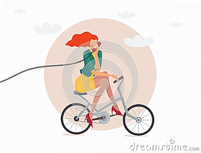 Concept illustration of young ginger woman riding bicycle and holding a phone Cartoon Illustration