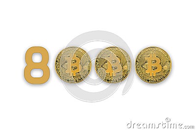 Concept image with physical coin of bitcoin crypto currency indicating of price 8000 dollars for one bitcoin. Isolated white backg Stock Photo