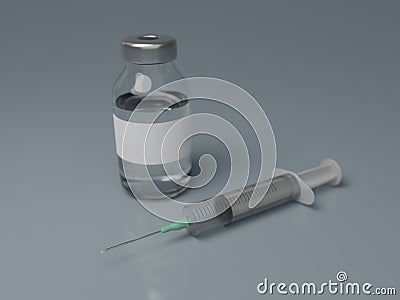 Concept image of syringe and vaccine in clear class container with blank white label on dark blue background. 3D render Stock Photo