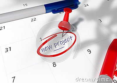 Concept image of a Red Pin on calendar with words NEW PROJECT to remind for important appointment. Stock Photo