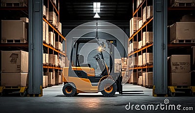 Image of a warehouse forklift in a large warehouse background. ai generative . Stock Photo