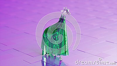 The concept of impersonation. A diamond giraffe in a shiny robe walks on glossy tiles. Green violet color. Cartoon Illustration