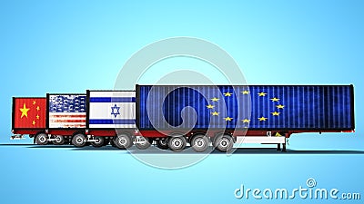 Concept of importing goods from Israel to Europe China America trailers dump trucks 3d render on blue background with shadow Stock Photo