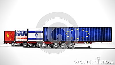 Concept of importing goods from Israel to Europe China America trailers dump trucks 3d render on gray background with shadow Stock Photo