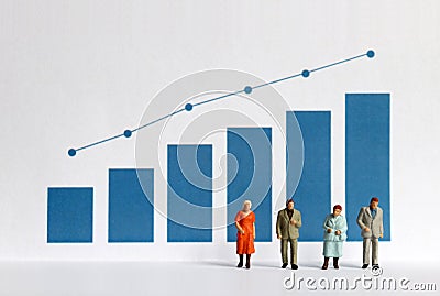 The concept of an increasing population of the elderly population. Blue bar graph with flow linear graph. Miniature older people. Stock Photo