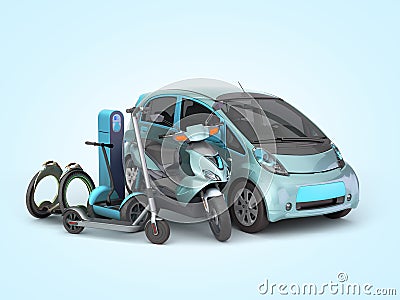 Concept of individual electric transport different type of electric machines on 3d render on blue gradient Stock Photo