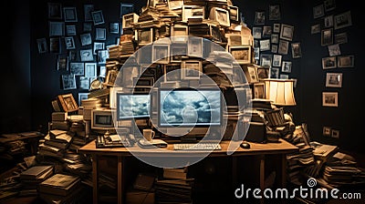 Concept of Information Overload. A computer monitor displays an overflowing virtual workspace, symbolizing a multitude Stock Photo