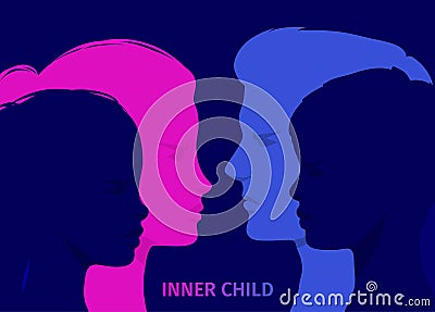 Concept of inner child. Silhouette of a man and woman showing their inner child Vector Illustration