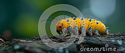 Caterpillar with yellow-green body and black spots moving on a tree stump. Concept Insect Stock Photo