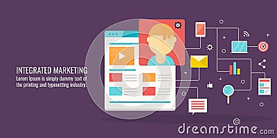Integrated marketing, customer interaction, communication, digital networking concept. Flat design vector banner. Vector Illustration