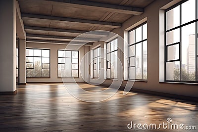 Interior of modern empty hall open space with large window and hardwood floor, 3d rendering. Generative AI Stock Photo