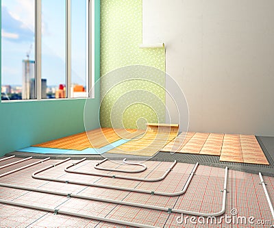 The concept of internal repair work. Room with a warm floor and Stock Photo