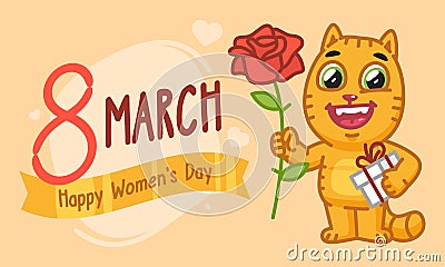 Concept International Womens Day Cat Holding Flower Vector Illustration