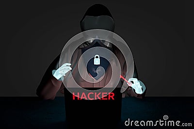 Concept Internet crime and cyber security . Hacker working on a code on dark background Stock Photo
