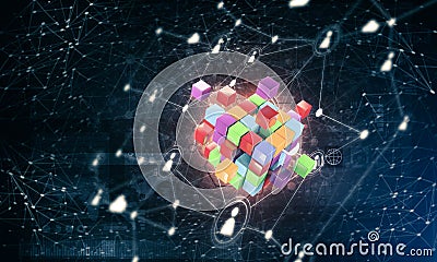 Concept of Internet and networking with digital cube figure on d Stock Photo