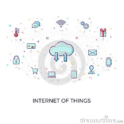 Concept Internet of things. Cloud network concept for connected smart devices. Vector illustration of IoT and network connections Vector Illustration