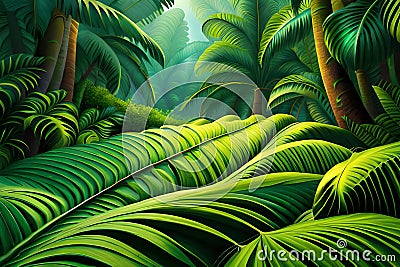 Intricate Beauty Of Rainforest, Jungla, Tropical Forest With Big Monstera Leaves, Stunning Green Horizontal Backg. Generative AI Stock Photo