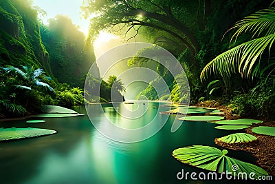 Intricate Beauty Of Rainforest, Jungla, Tropical Forest With Big Monstera Leaves, Stunning Green Horizontal Backg. Generative AI Stock Photo