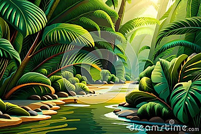 Intricate Beauty Of Rainforest, Jungla, Tropical Forest With Big Monstera Leaves, Stunning Green Horizontal Backgro. Generative AI Stock Photo
