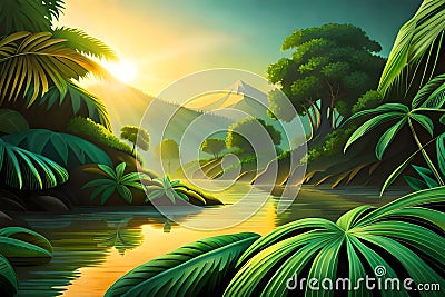 Intricate Beauty Of Rainforest, Jungla, Tropical Forest With Big Monstera Leaves, Stunning Green Horizontal Backgro. Generative AI Stock Photo