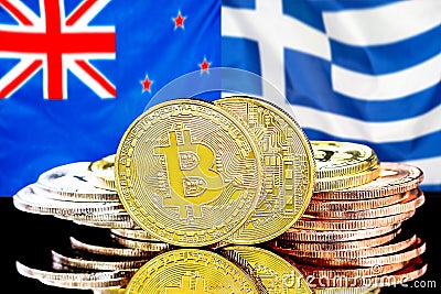 Bitcoins on New Zealand and Greece flag background Stock Photo