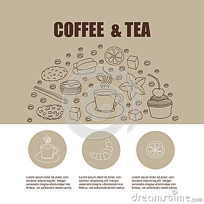 Concept for invitation card, site page, menu, poster with cofee. Set of hand drawn coffee and cookie elements. Vector Illustration