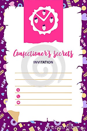 Concept invitation to event sweet confectionery secret. Dessert Cartoon Illustration