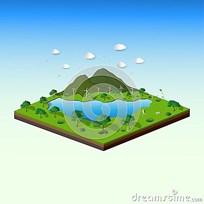 Concept of isometric landscape with nature and eco friendly,save the earth and world environment Vector Illustration