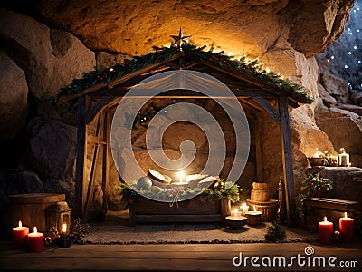 An empty wooden manger with stars, a concept of Jesus born as in bible Stock Photo