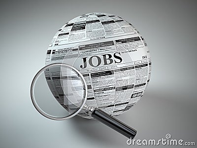Concept of job search . Newspaper sphere and loupe. Stock Photo