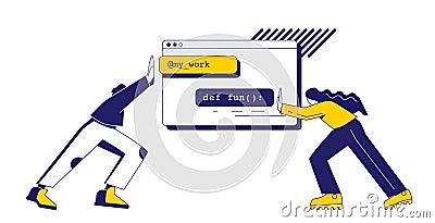 The concept of joint development - a man and a woman combine lines of code - elements of programm in the form of a Vector Illustration