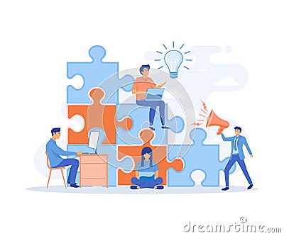 The concept of joint teamwork, building a business, people connecting pieces of puzzles Vector Illustration