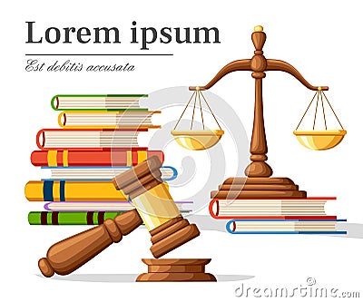 Concept justice in cartoon style. Justice scales and wooden judge gavel. Law hammer sign with books of laws. Legal law and auction Cartoon Illustration