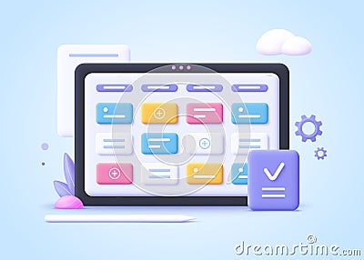 Concept of kanban board, agile project management concept, work schedule organization, time planning and workflow managing.3d Vector Illustration