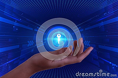 Concept of keywords research and technology. Woman demonstrating digital key on blue background, closeup Stock Photo