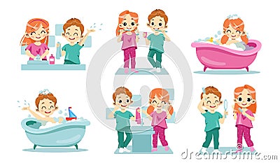 Concept Of Kids Dental Health and Personal Hygiene. Happy Children Clean Teeth, Wash Hands And Face. Taking Care Of Hair Vector Illustration