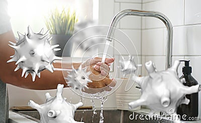 Concept of Killing Bacteria or Coronavirus Covid-19 by Washing Hand Stock Photo
